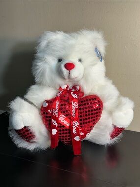 12” White Plush Bear Holding Red Sequin Heart New.